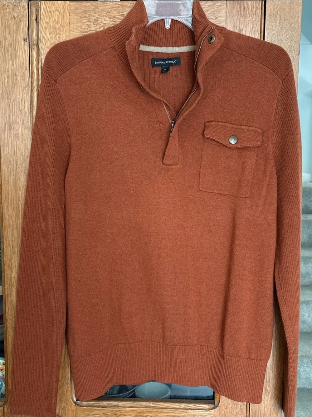 Banana Republic Men's Rust Zip-Neck Sweater with Snap Pocket Fine Merino Wool